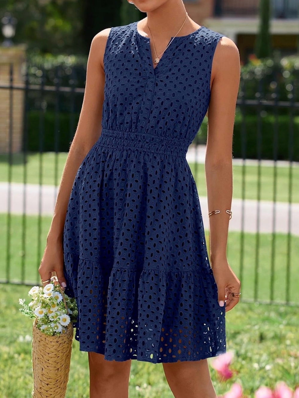 Eyelet A-Line Dress in Navy Blue